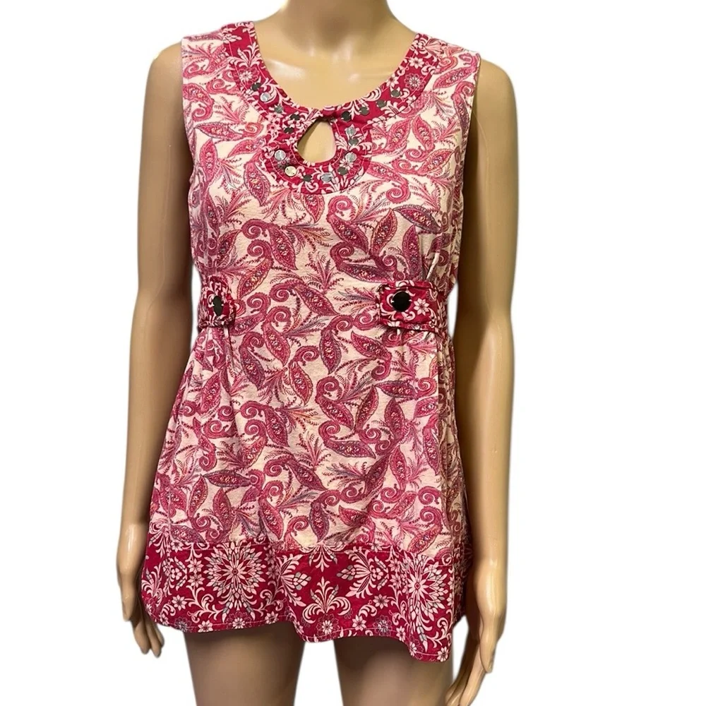 One World Cotton Paisley Print Sleeveless Embellished Tunic Top Blouse Womens S
